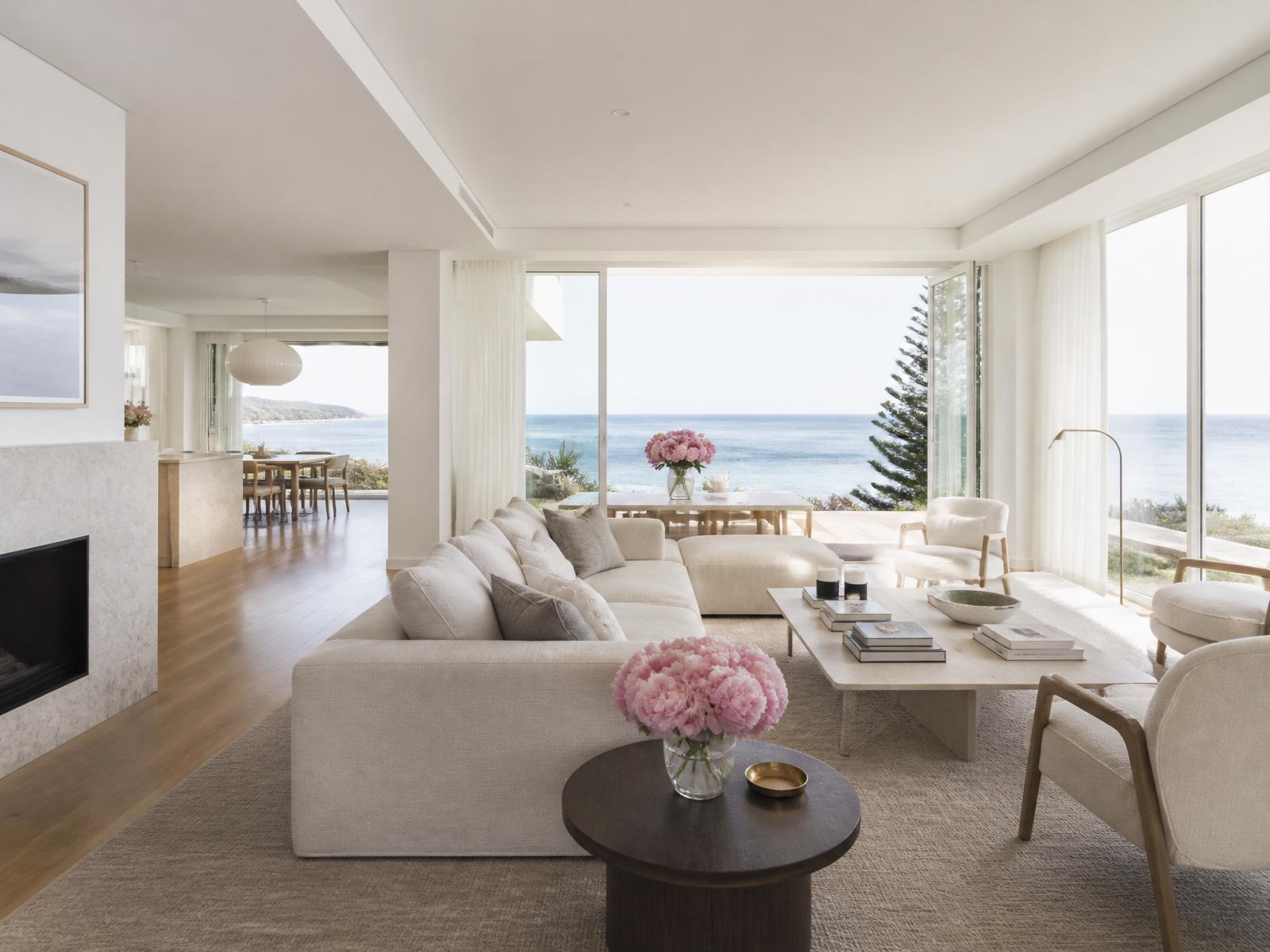 Bright, airy Northern Beaches coastal living room with ocean views